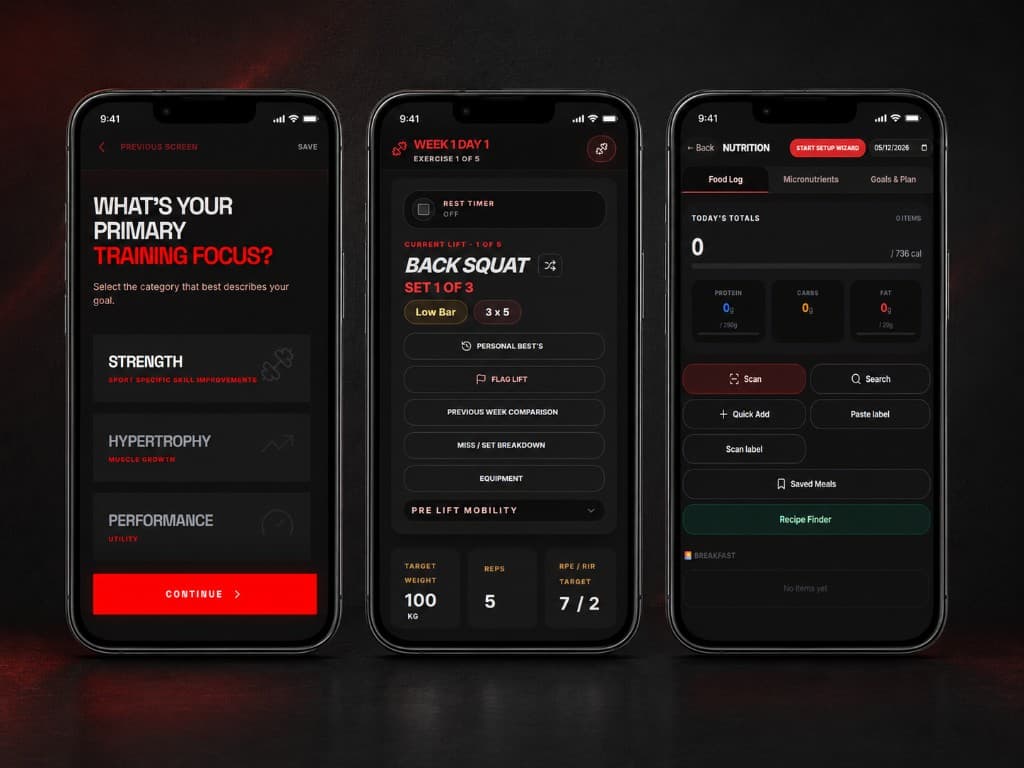 Forge app on three phones: training focus setup, back squat workout tracking, and nutrition food log